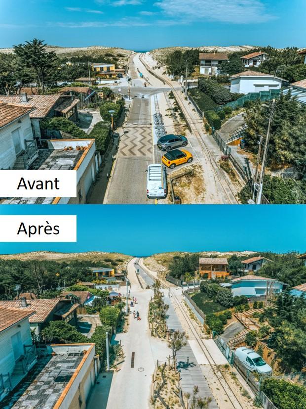 Avant Après travaux : vue aérienne de l'Avenue de l'Océan menant à la Plage