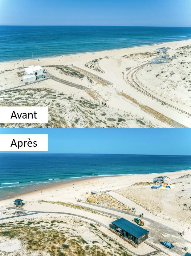 Avant Après travaux : Recul du poste de secours et implantation d'un bâtiment mobile en bois et d'une vigie